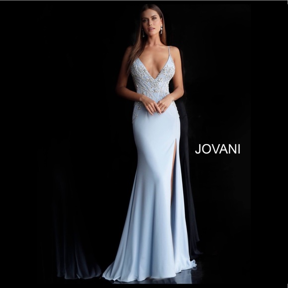 Jovani - 1729 Embellished Deep V-Neck Feathered Dress